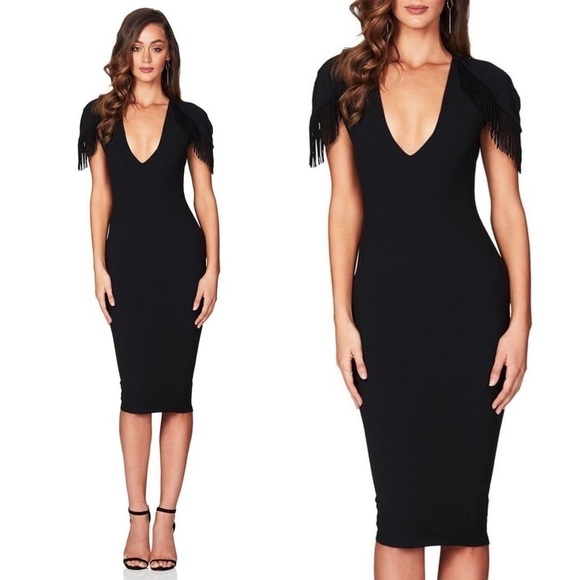 Nookie Mendez Fringe Detail Black Midi Dress Small - Picture 1 of 7